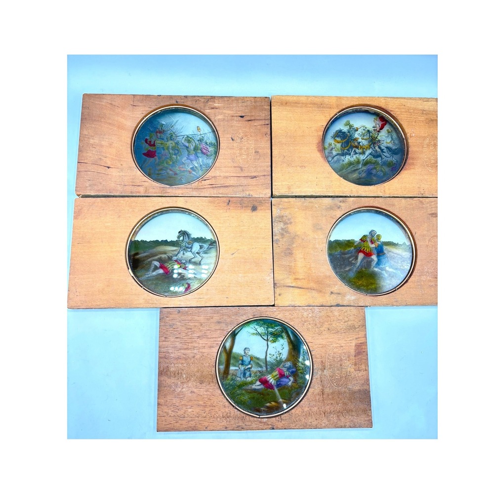Antique 5 Pc Pettibone Mfg. Co. Magic Lantern‎ Slides Battle Scenes Glass Wood